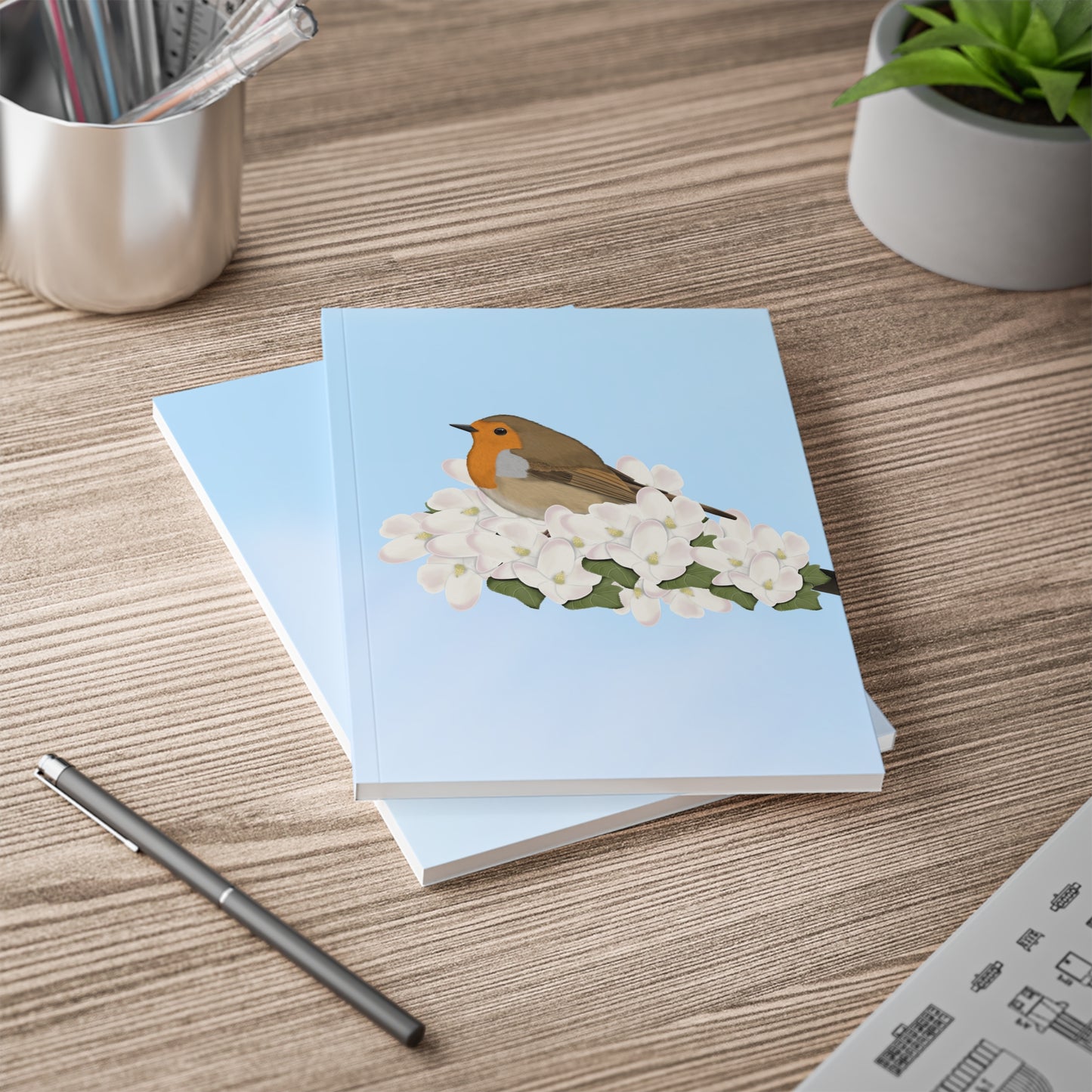 Rotkehlchen im Frühling A5 Vogel Softcover Notizbuch 150 Seiten Liniert