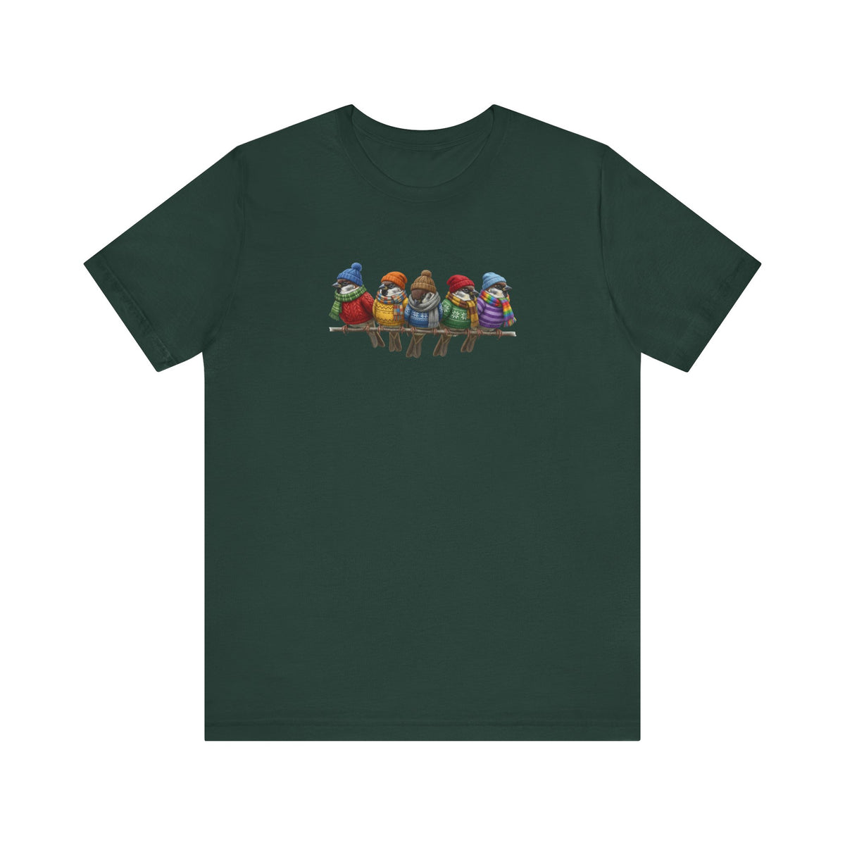 Spatzen in Strick T-Shirt – Weiches Premium Shirt mit Winterlichem Vogelmotiv