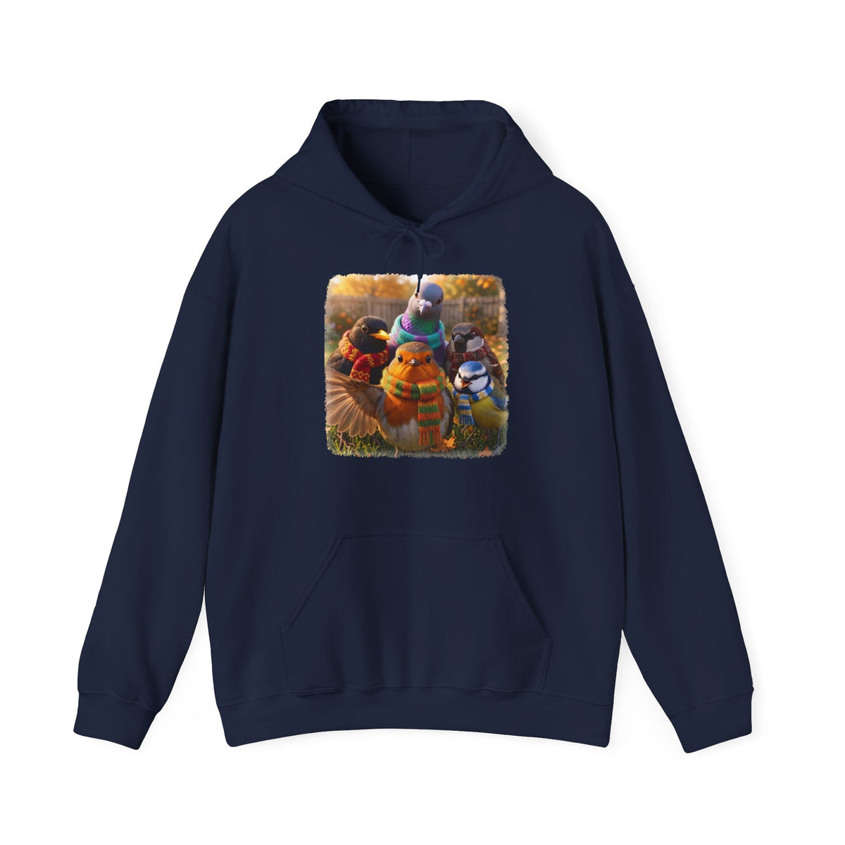 Gartenvögel Hoodie „Rosis Gruppen-Selfie“ – Kuscheliger Kapuzenpullover mit Rotkehlchen, Amsel & Meise