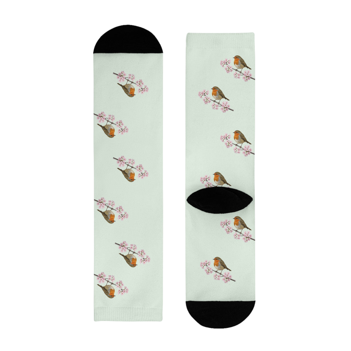 Rotkehlchen & Kirschblüten Socken in Salbeigrün | Weiche Baumwollmix-Socken für Naturfreunde