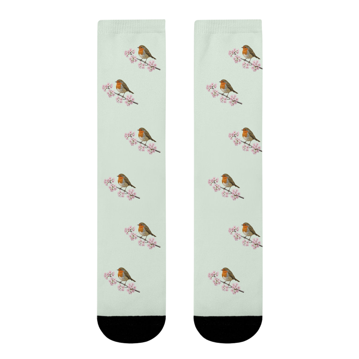 Rotkehlchen & Kirschblüten Socken in Salbeigrün | Weiche Baumwollmix-Socken für Naturfreunde