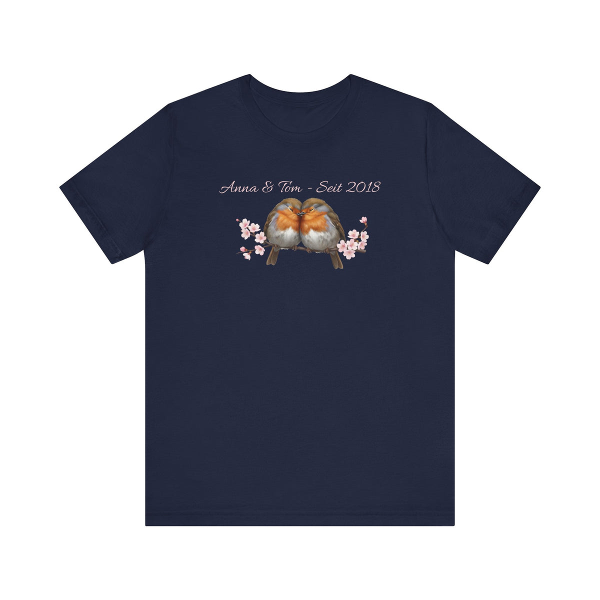 Personalisiertes Rotkehlchen und Kirschblüten T-Shirt mit Wunschnamen – Vogel-Motiv für Paare & Beste Freunde – bird lover gift, Vogel