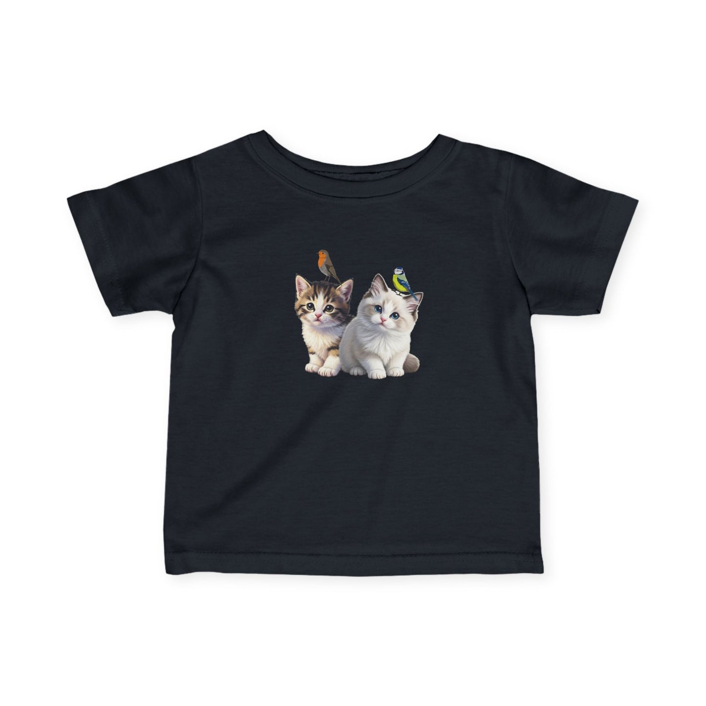 Süßes Kätzchen Tiermotiv Baby T-Shirt mit Rotkehlchen und Blaumeise