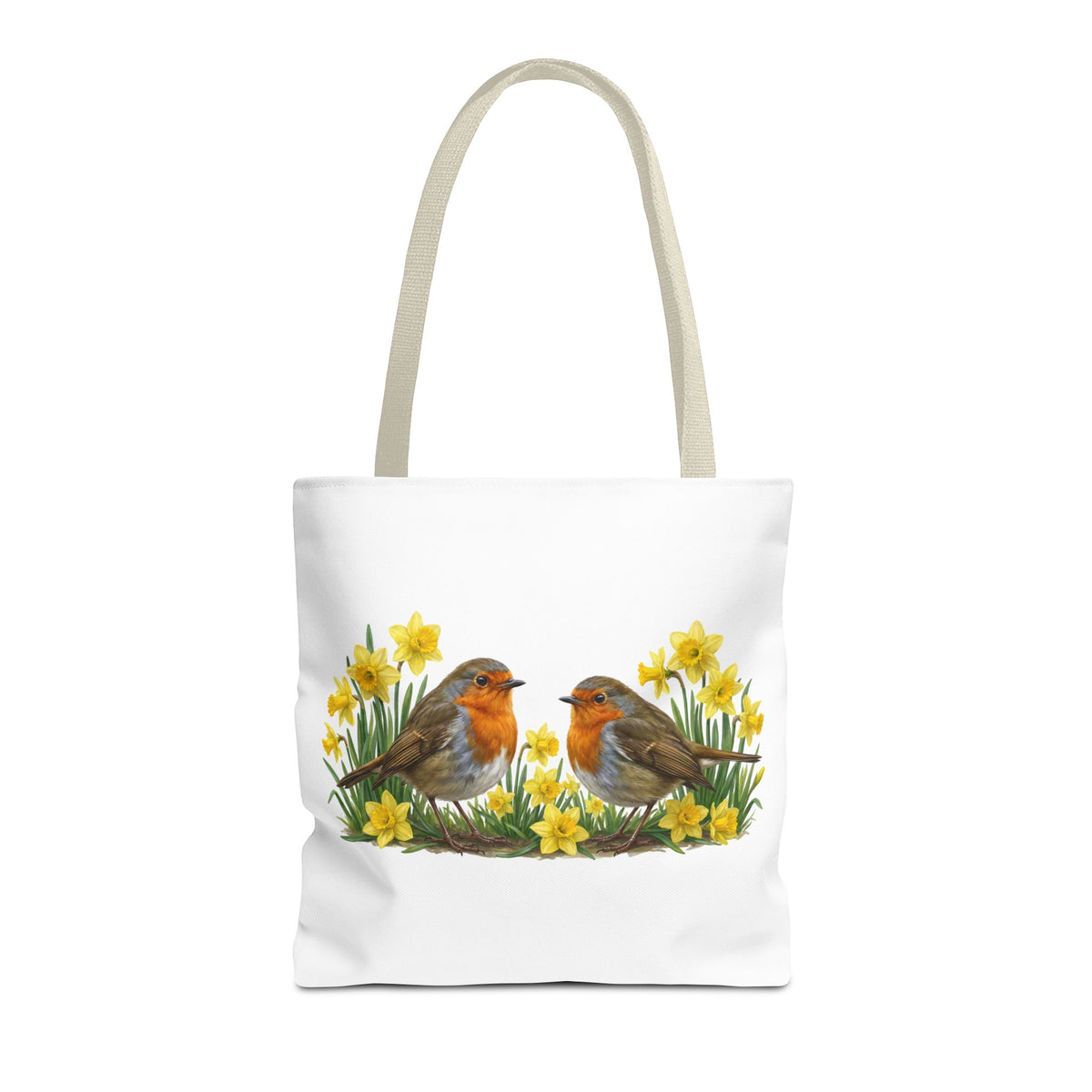 Robuste Einkaufstasche "Frühling": Rotkehlchen in Osterglocken | 40x40cm Shopper