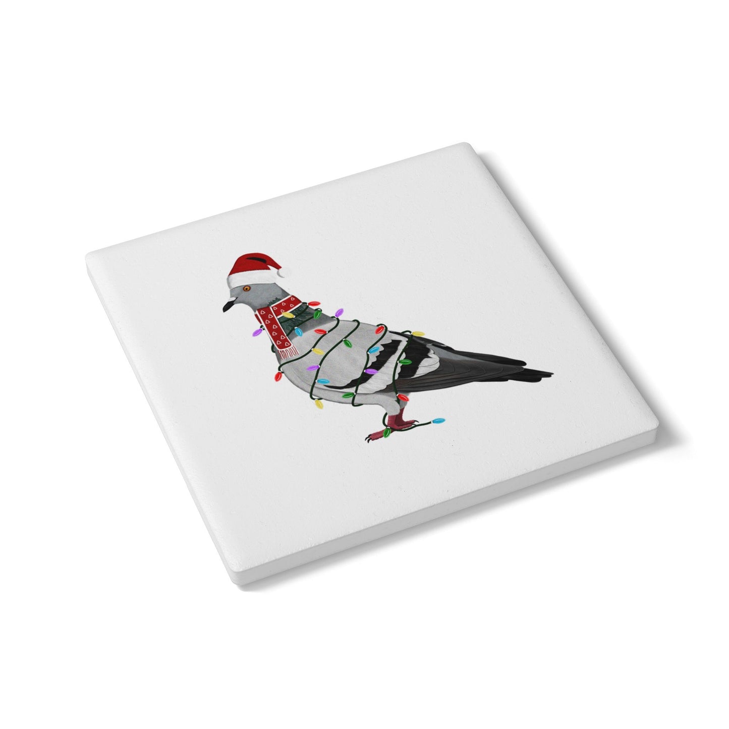 Keramik-Untersetzer Taube als Weihnachtsmann mit Lichterkette Weihnachtliches Vogel-Motiv