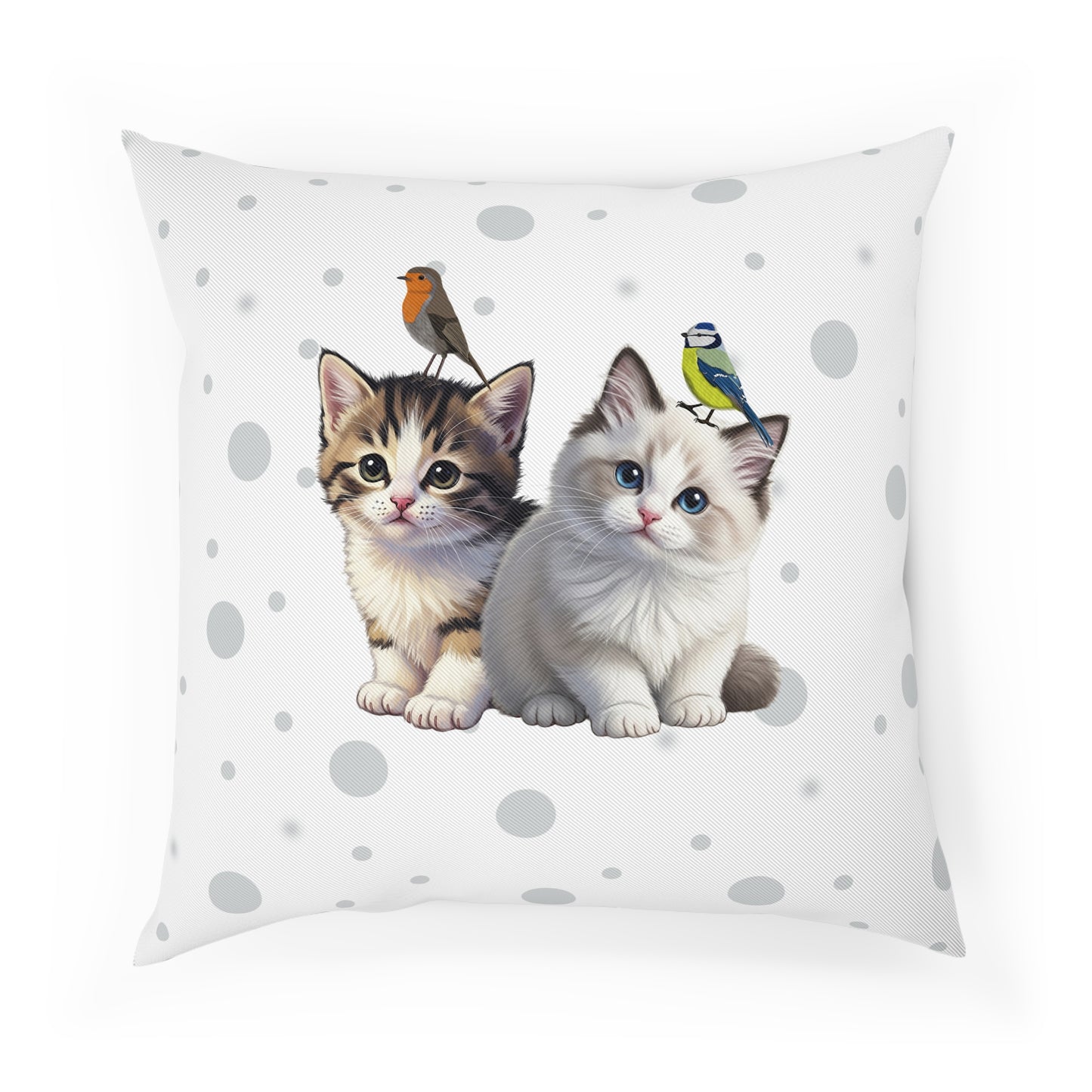 Rotkehlchen mit Katzenbabys Vogel Katzen Kissen – Dekokissen mit Katzenbabys Weiß