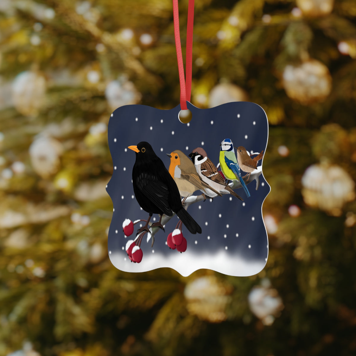 Vögel auf einem Ornamente – Ast Ornament aus Aluminium – Einzigartiger Christbaumschmuck mit Rotem Band