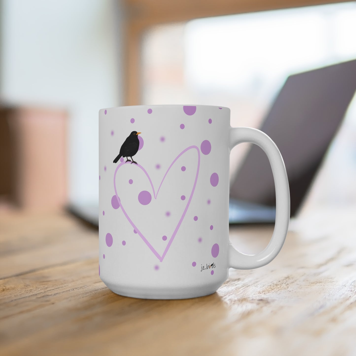 Amsel mit Herz Valentinstag Vogel Tasse Punkte Rosa