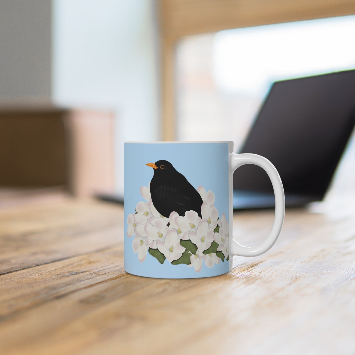 Amsel mit Apfelblüten im Frühling Vogel Tasse für Vogelfreunde – 11 oz,