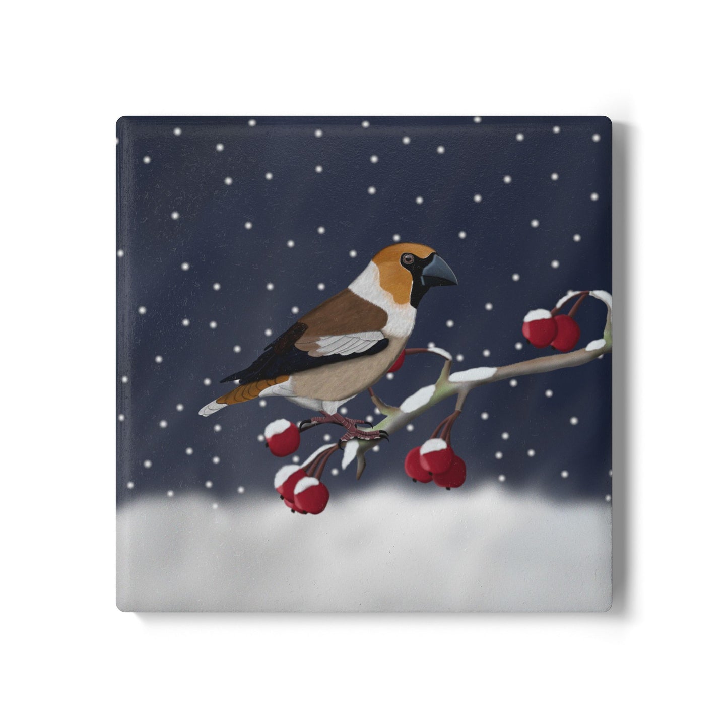 Kernbeißer im Schnee Keramik-Untersetzer: Weihnachtliches Vogel-Motiv