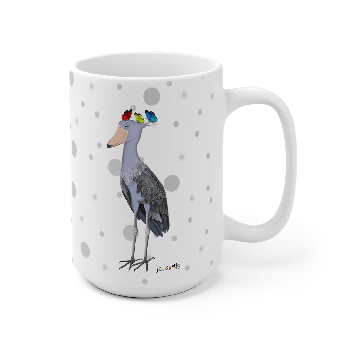 Schuhschnabel mit Schmetterlingen Vogel Tasse Punkte Grau