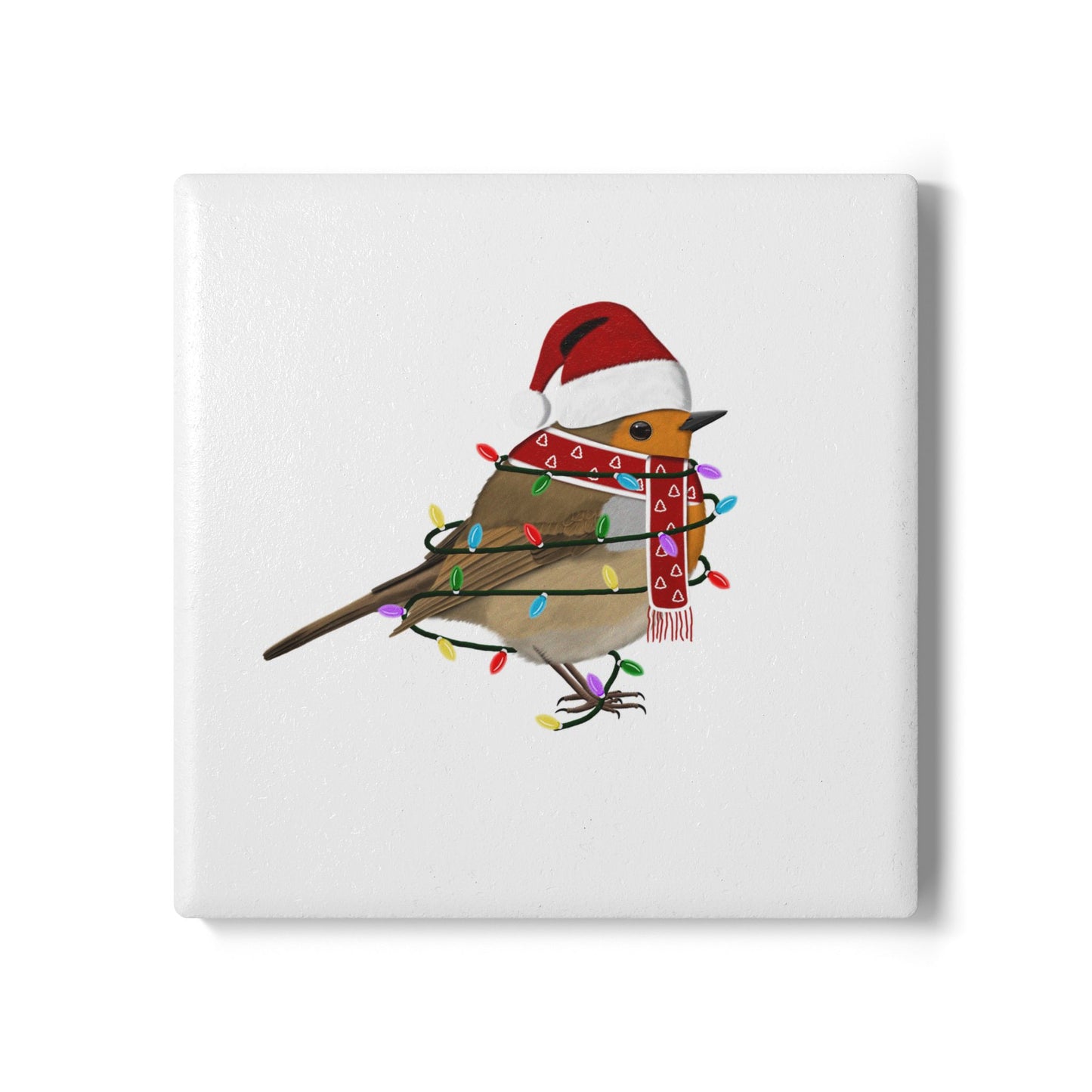 Keramik-Untersetzer Rotkehlchen als Weihnachtsmann mit Lichterkette Weihnachtliches Vogel-Motiv