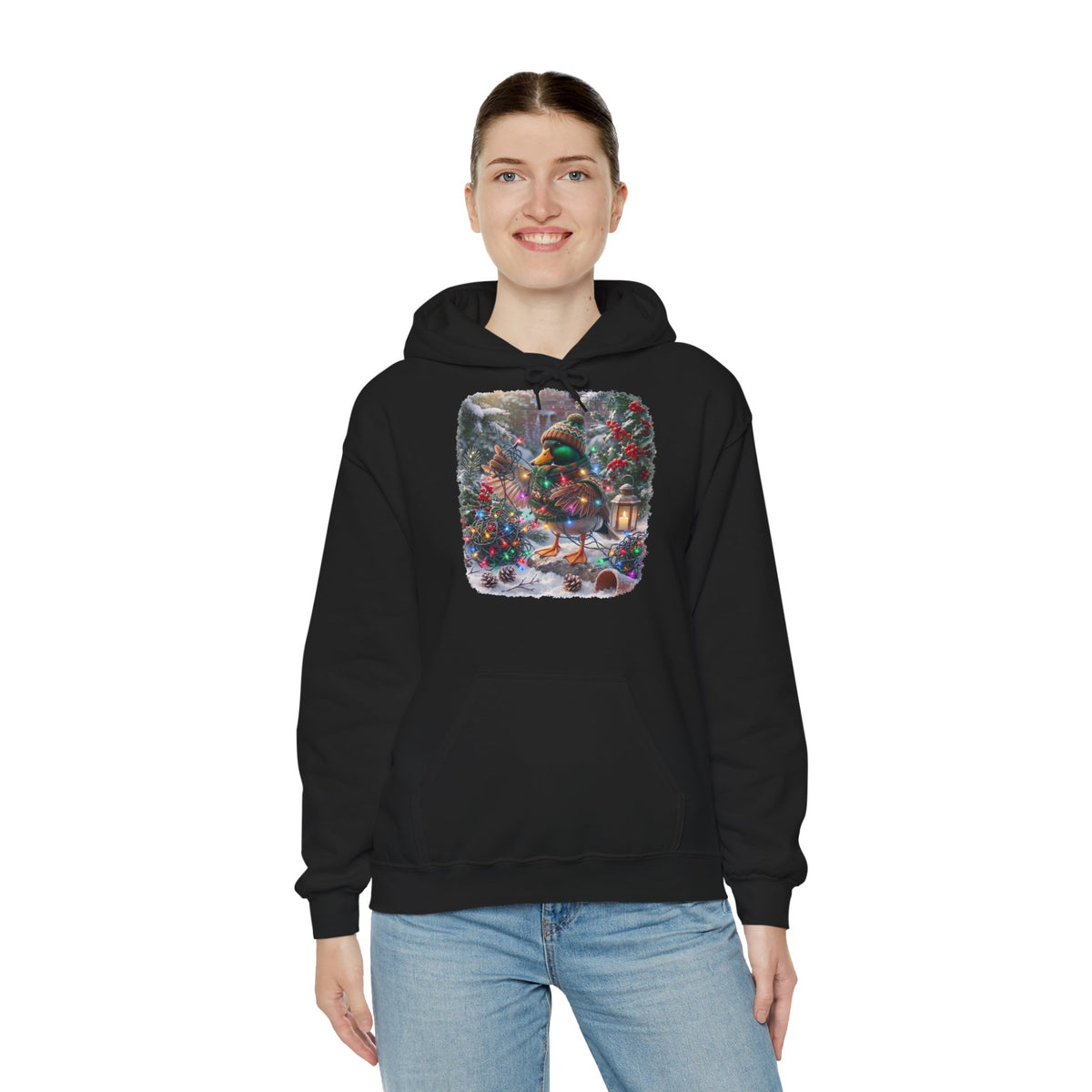 Premium Hoodie Ente und die Lichterkette im winterlichen Garten für Vogelbeobachter