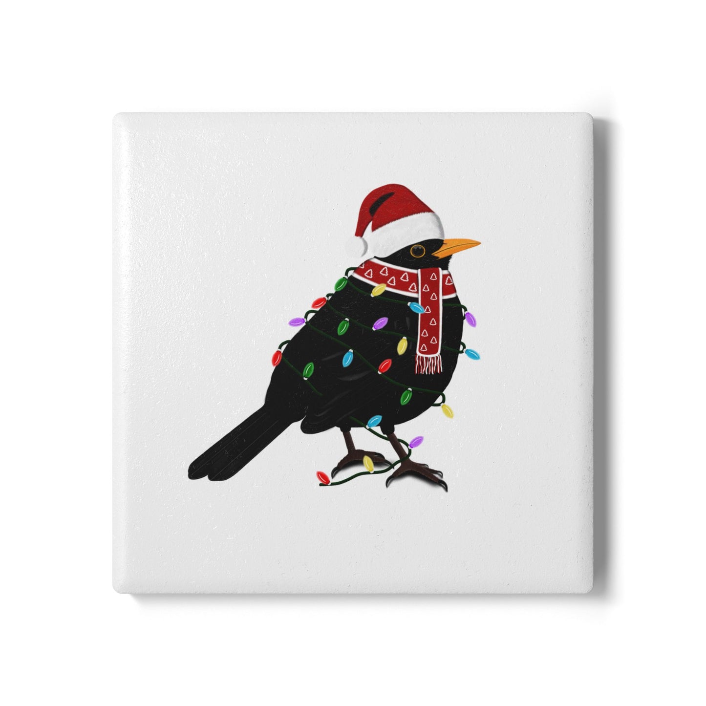Keramik-Untersetzer Amsel als Weihnachtsmann mit Lichterkette Weihnachtliches Vogel-Motiv