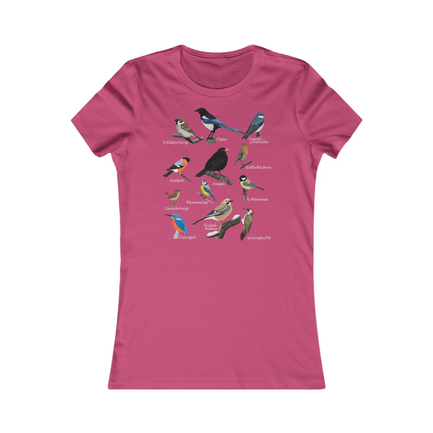 Rotkehlchen, Blaumeise und Amsel Frauen T-Shirt mit Bird Graphic Tee Hintergrund