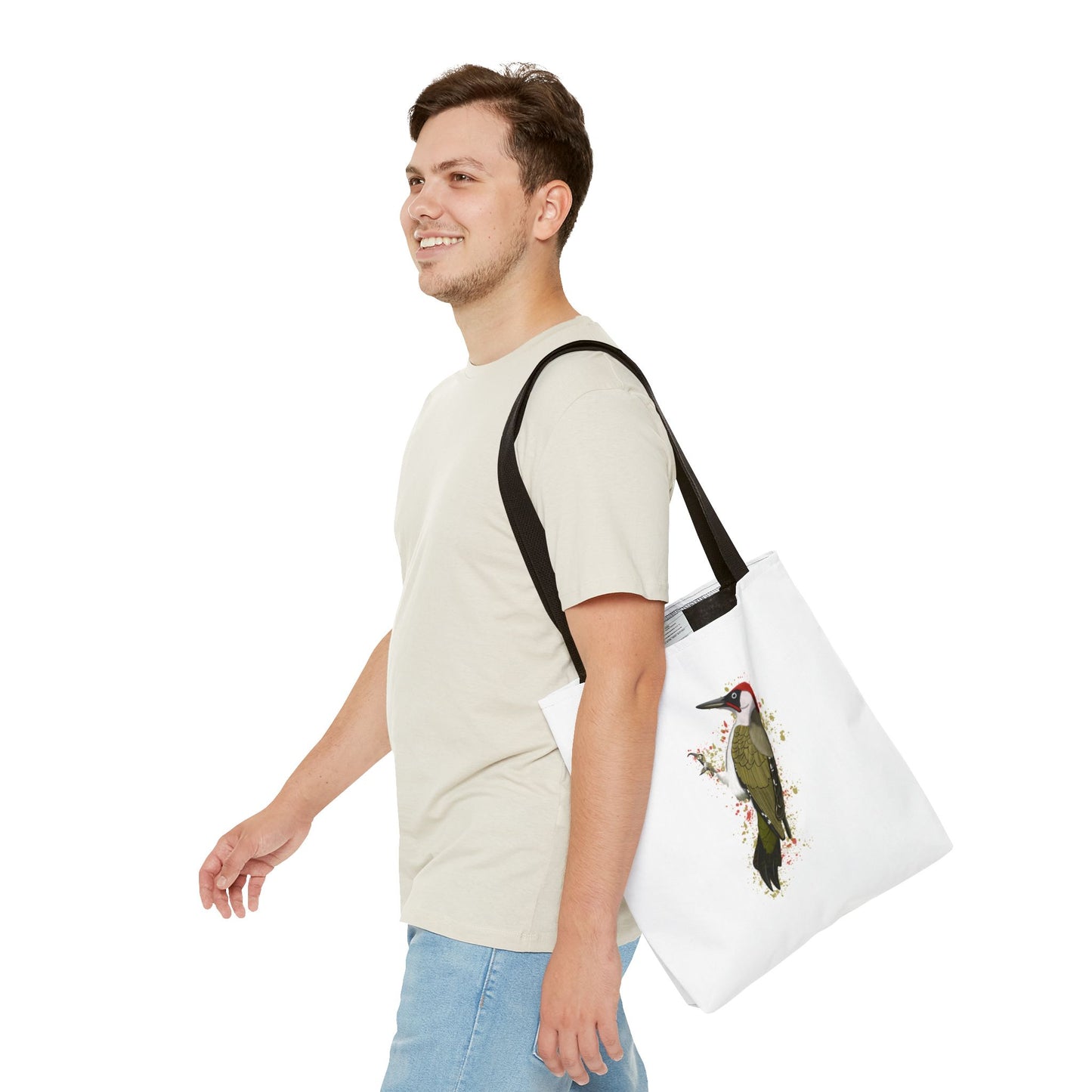 Grünspecht Tragetasche 40x40cm Vogel Tasche Weiß für Vogelbeobachter