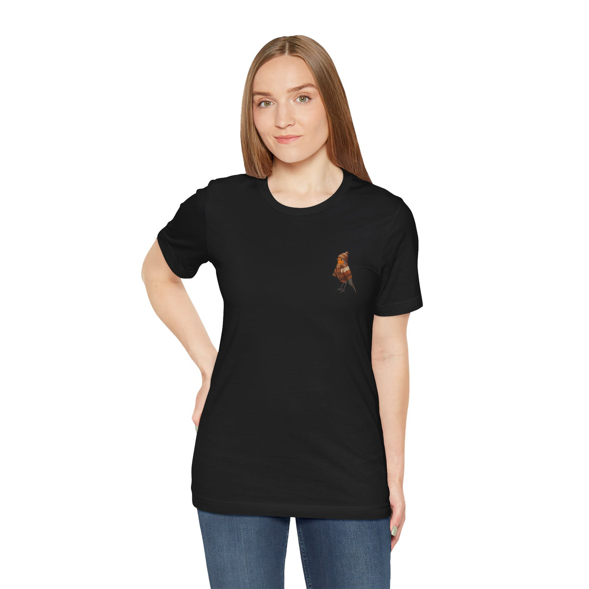 Rotkehlchen in Strick T-Shirt – Weiches Premium Shirt mit Winterlichem Vogelmotiv