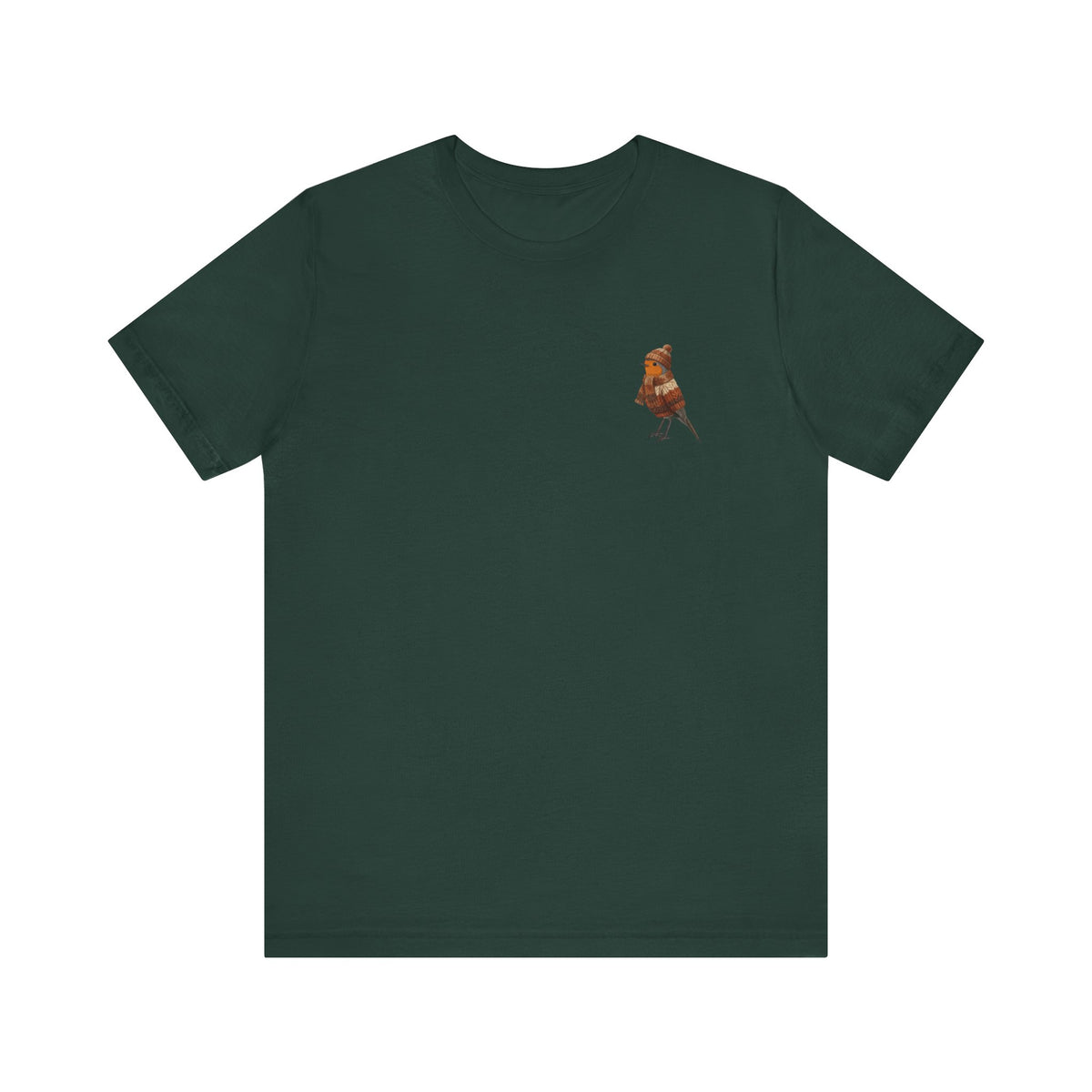 Rotkehlchen in Strick T-Shirt – Weiches Premium Shirt mit Winterlichem Vogelmotiv