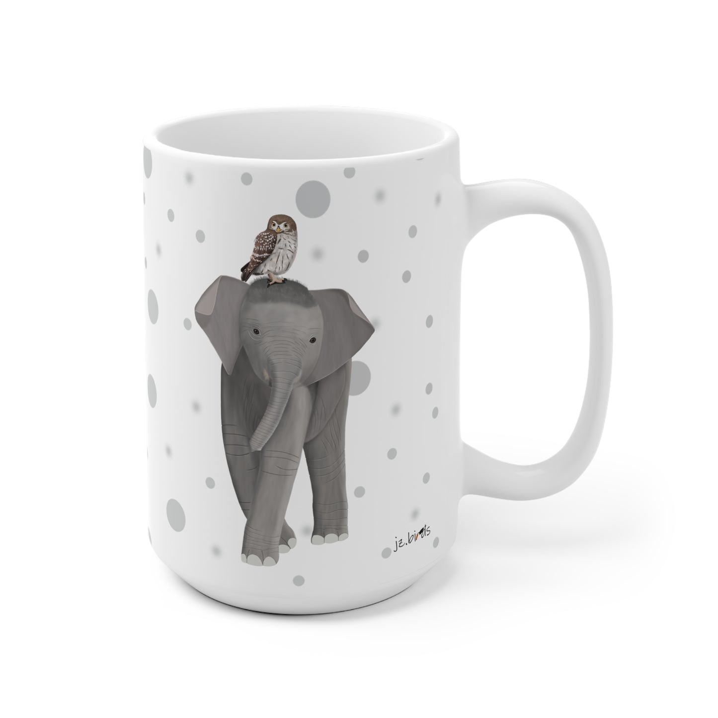 Eule auf einem Elefanten Vogel Tasse Punkte Grau
