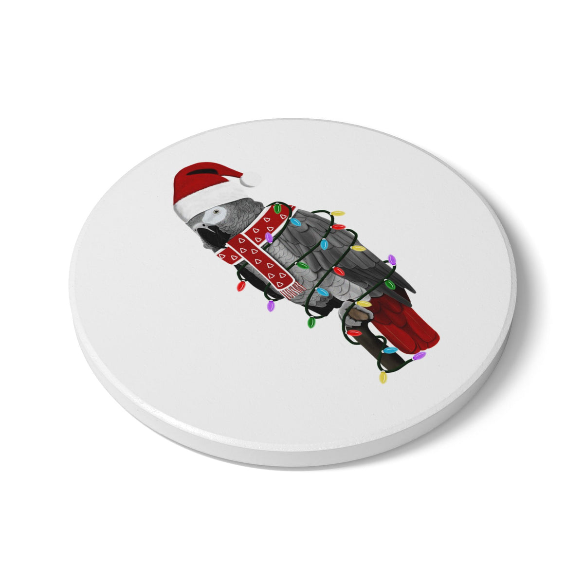 Keramik-Untersetzer Graupapagei als Keramik Untersetzer – Weihnachtsmann mit Lichterkette Weihnachtliches Vogel-Motiv