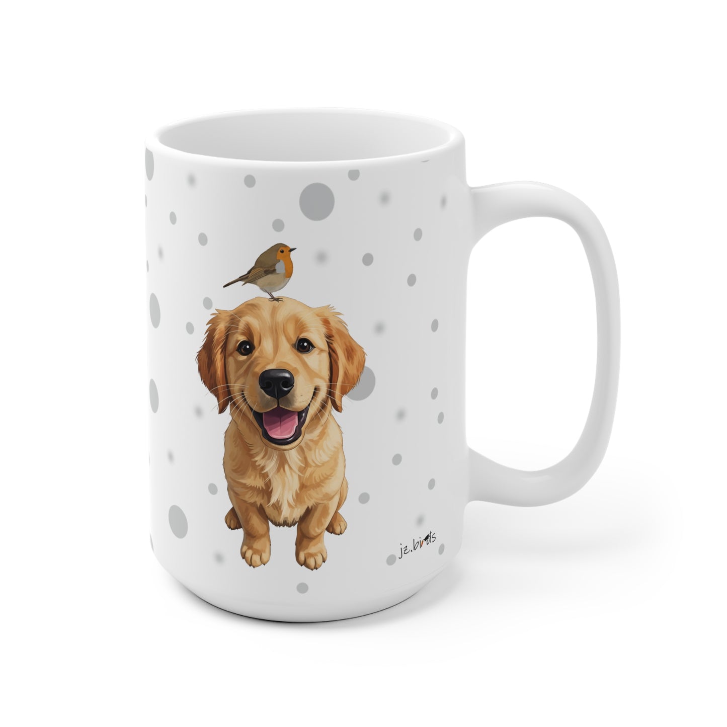 Golden Retriever Tasse mit Rotkehlchen Hund mit Vogel Weiß Grau