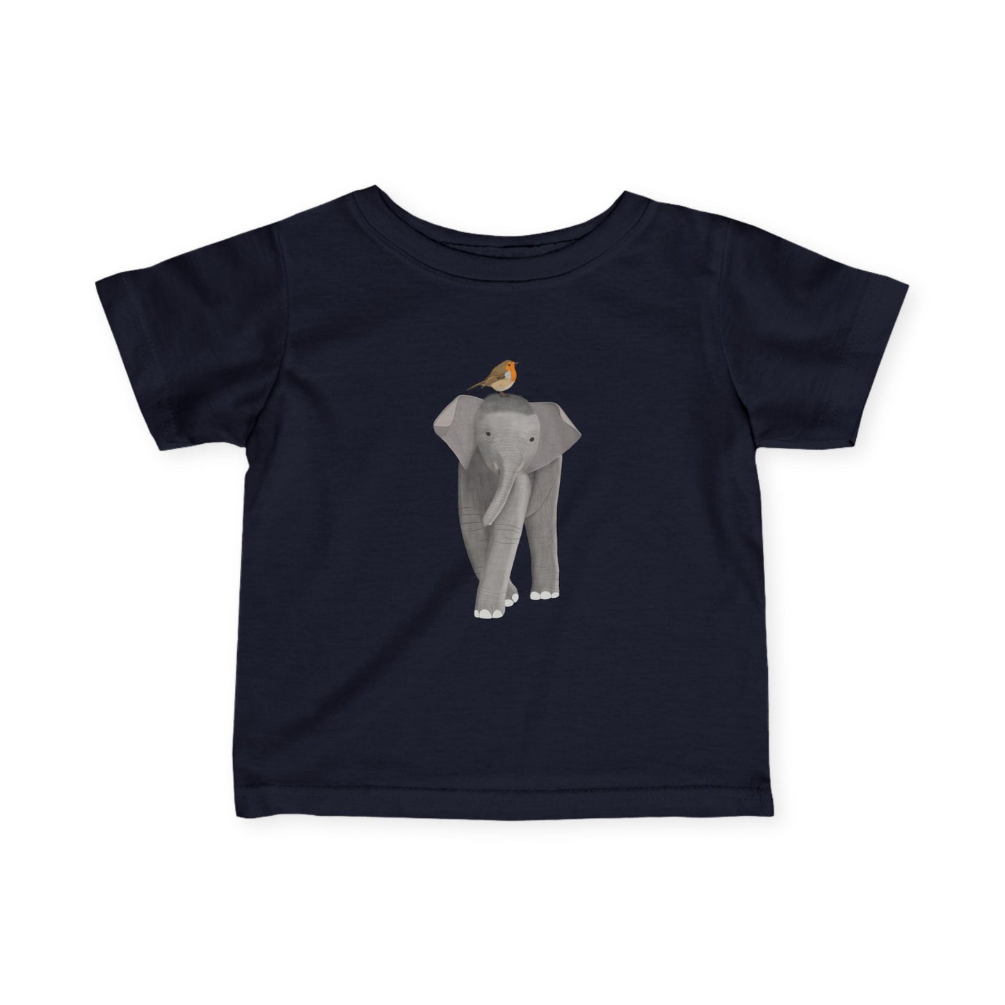 Süßes Elefant mit Rotkehlchen Vogel Tiermotiv T-Shirt für Babys und Kleinkinder