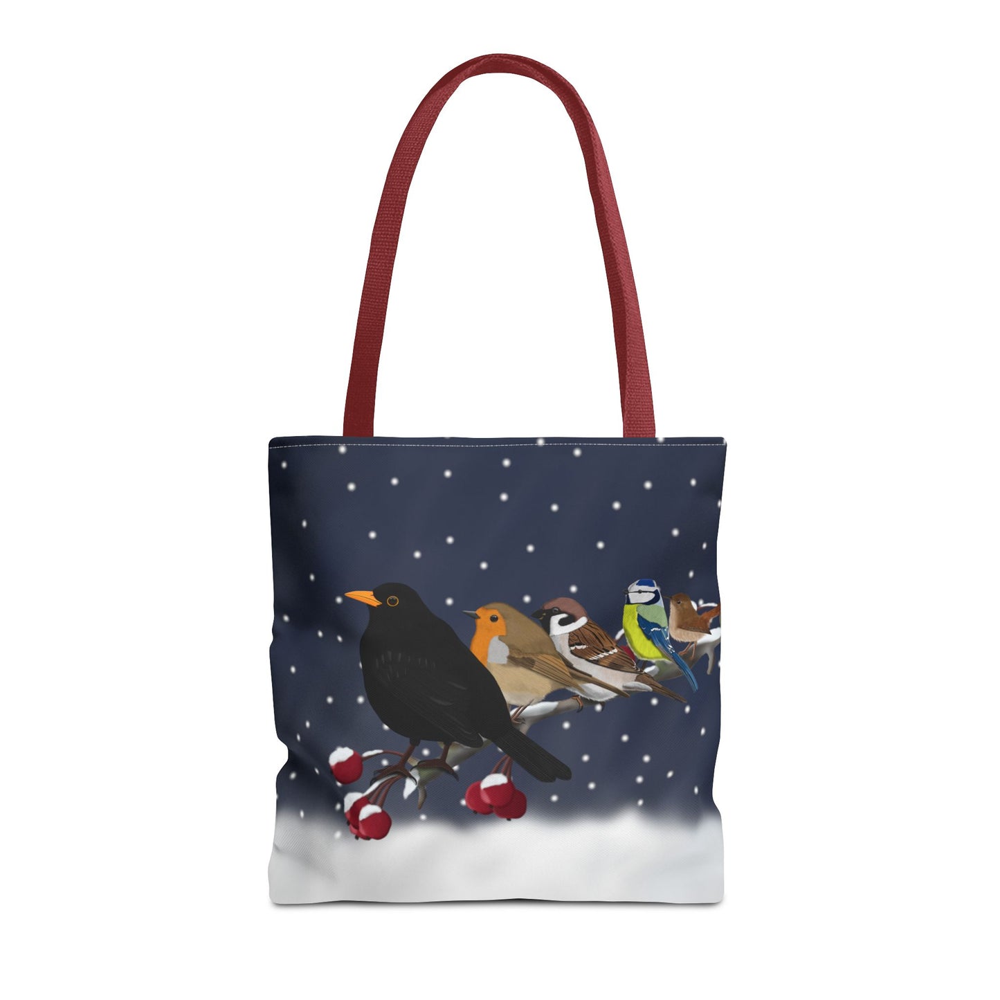 Rotkehlchen, Blaumeise, Zaunkönig, Amsel und Spatz Tragetasche – Accessories, All Over Print