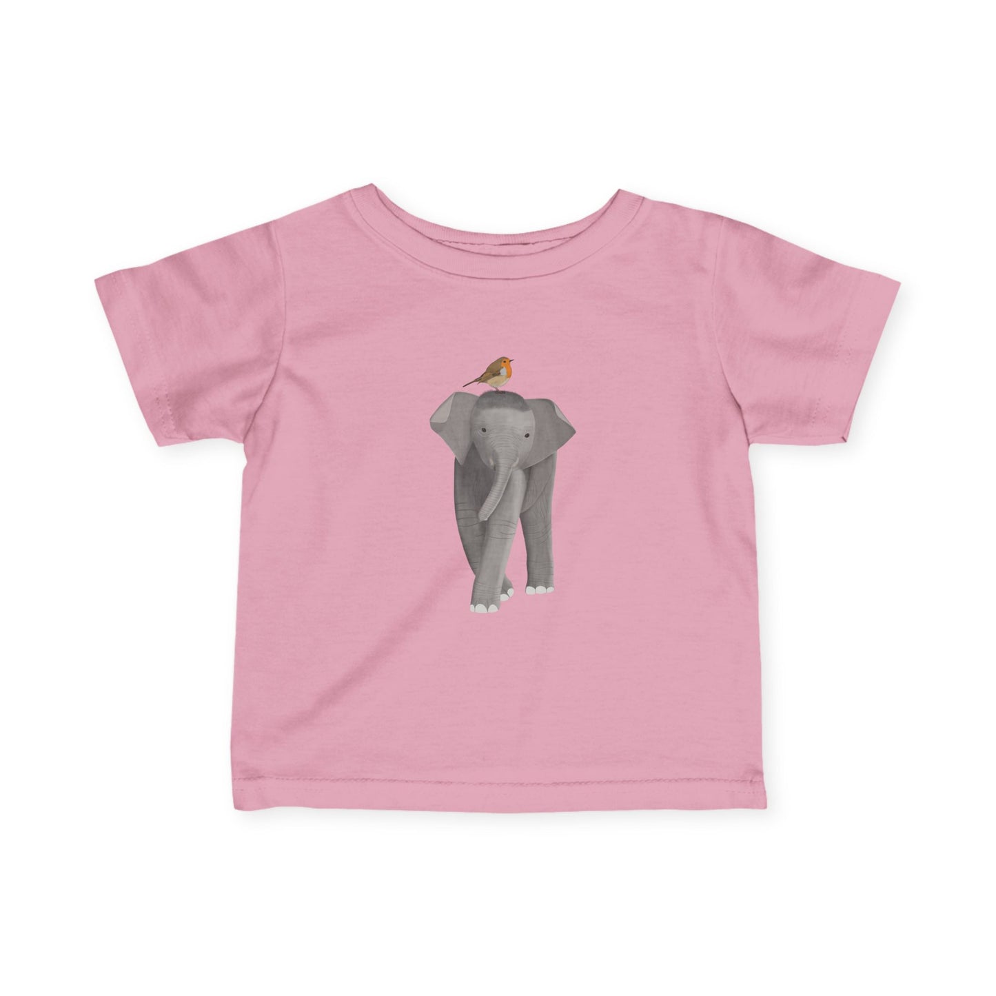 Süßes Elefant mit Rotkehlchen Vogel Tiermotiv T-Shirt für Babys und Kleinkinder