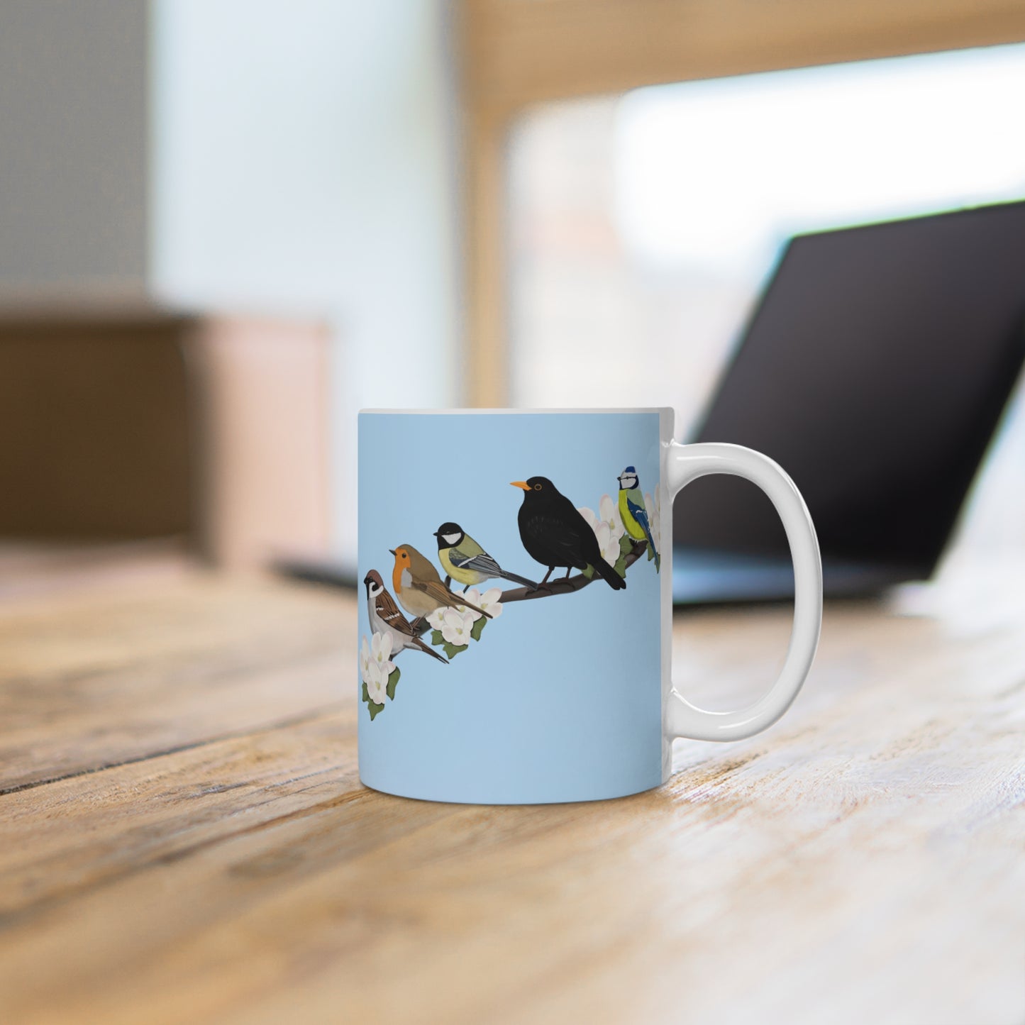 Amsel Rotkehlchen Kohlmeise auf einem Ast mit Apfelblüten im Frühling Vogel Tasse für Vogelfreunde – 11 oz,
