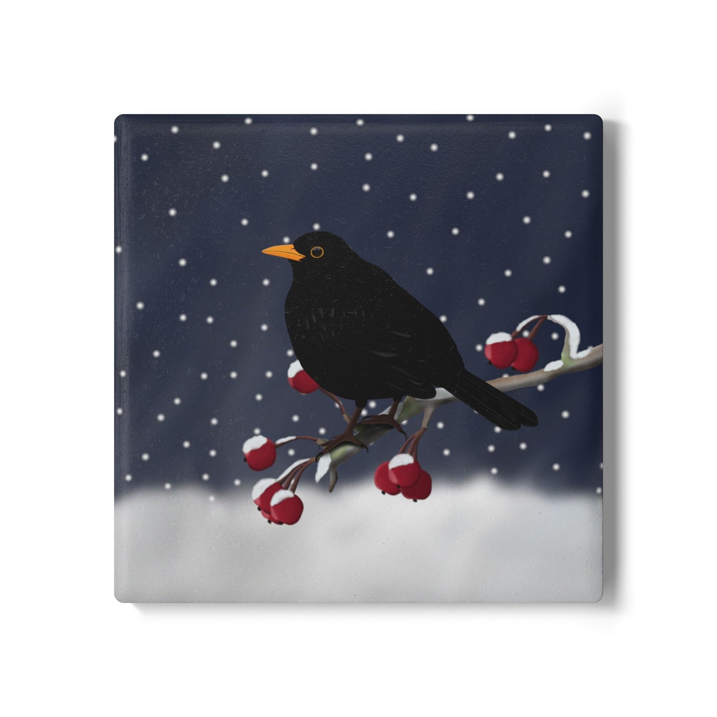 Amsel im Schnee Keramik-Untersetzer: Weihnachtliches Vogel-Motiv
