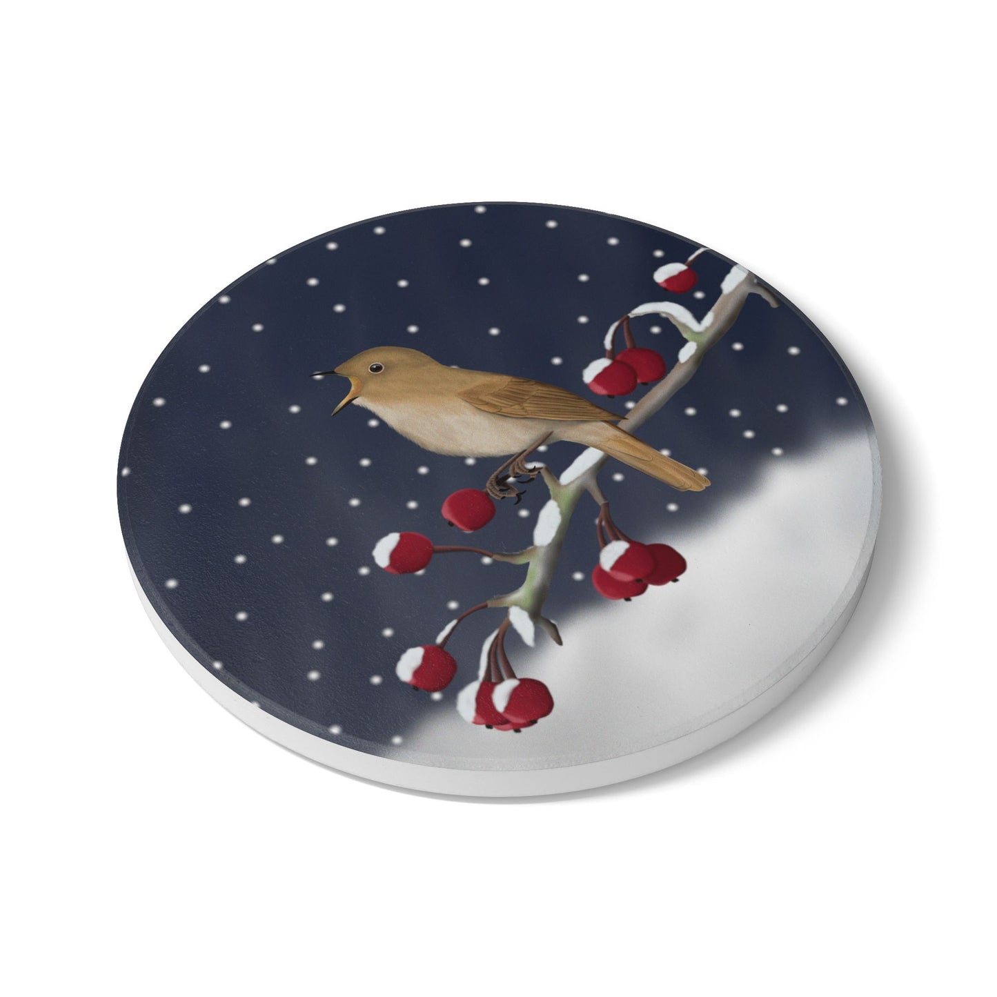 Nachtigall im Schnee Keramik-Untersetzer: Weihnachtliches Vogel-Motiv