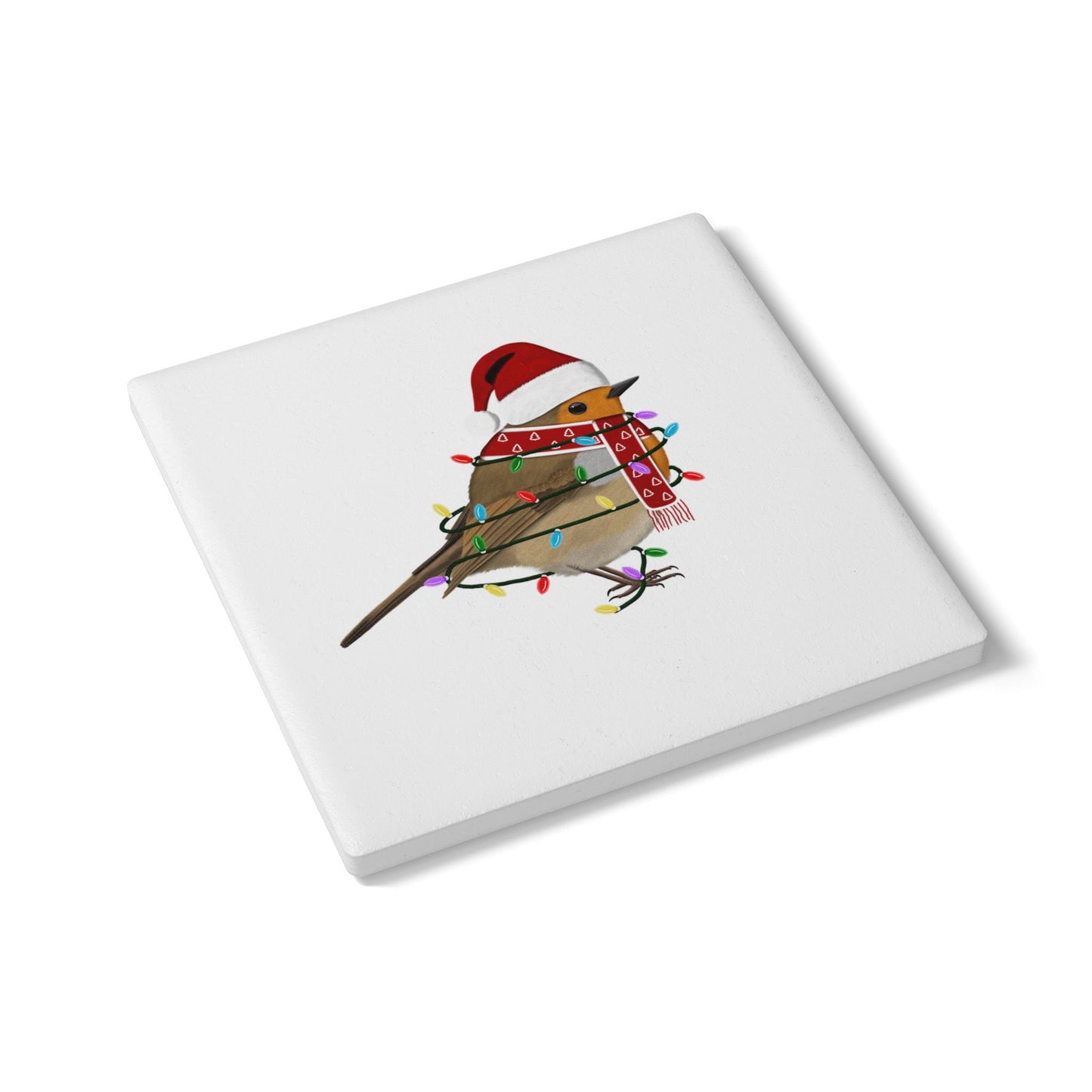 Keramik-Untersetzer Rotkehlchen als Weihnachtsmann mit Lichterkette Weihnachtliches Vogel-Motiv