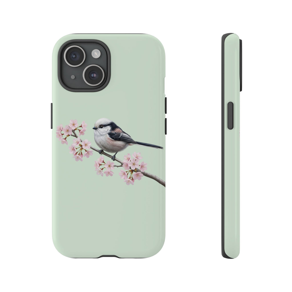 Schwanzmeise Handyhülle in Salbeigrün | Florales Kirschblüten Vogel-Motiv für iPhone & Google Pixel