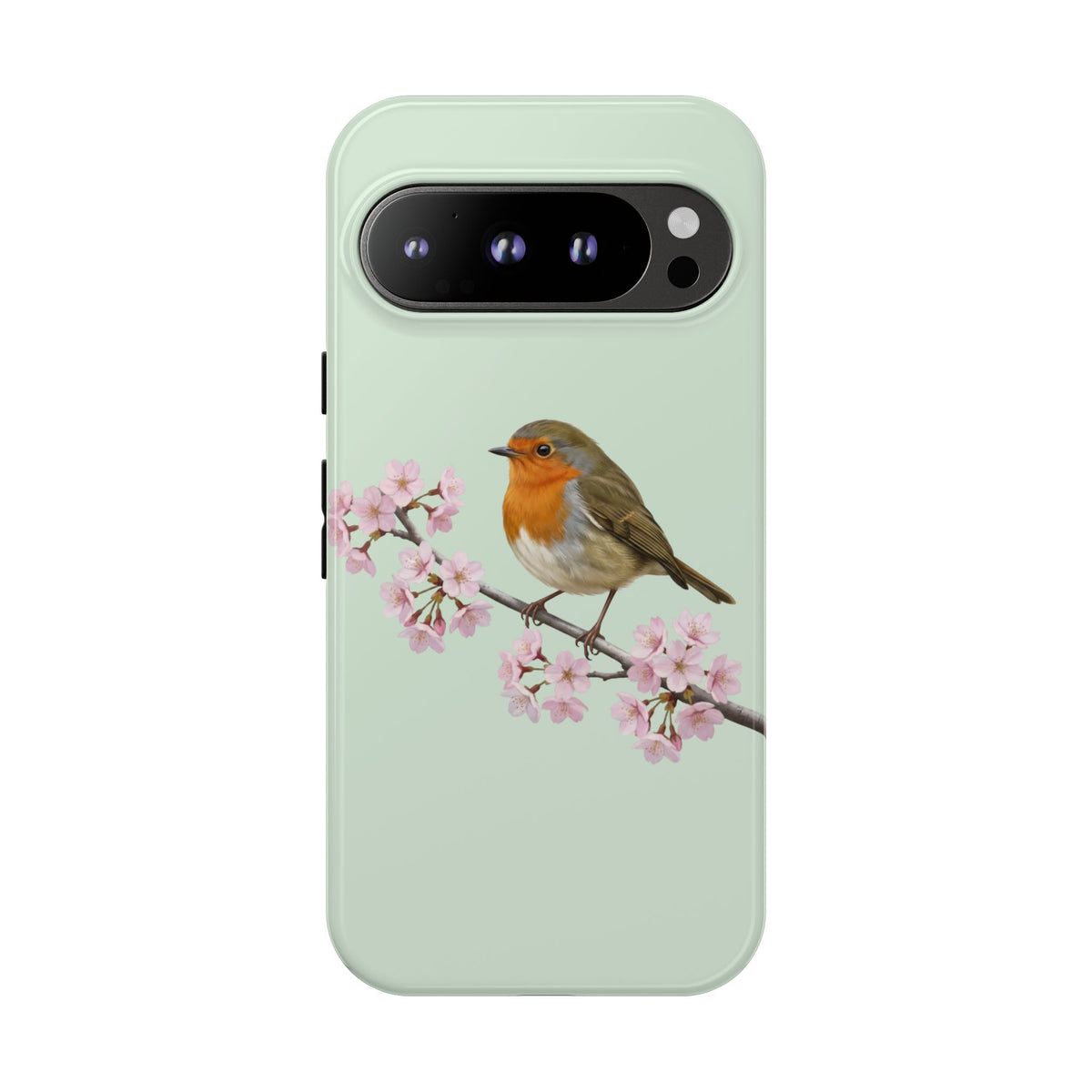 Rotkehlchen Handyhülle in Salbeigrün | Florales Kirschblüten Vogel-Motiv für iPhone & Google Pixel