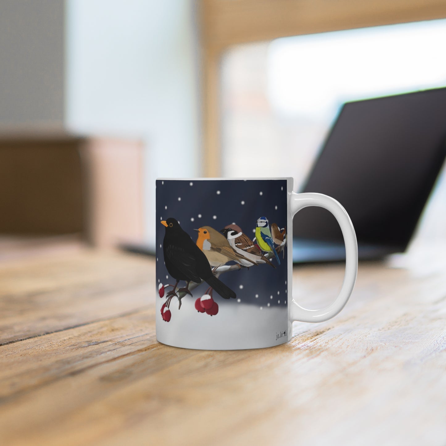 Amsel Rotkehlchen Blaumeise auf einem Ast im Winter Weihnachten Schnee Vogel Tasse – 11 oz,