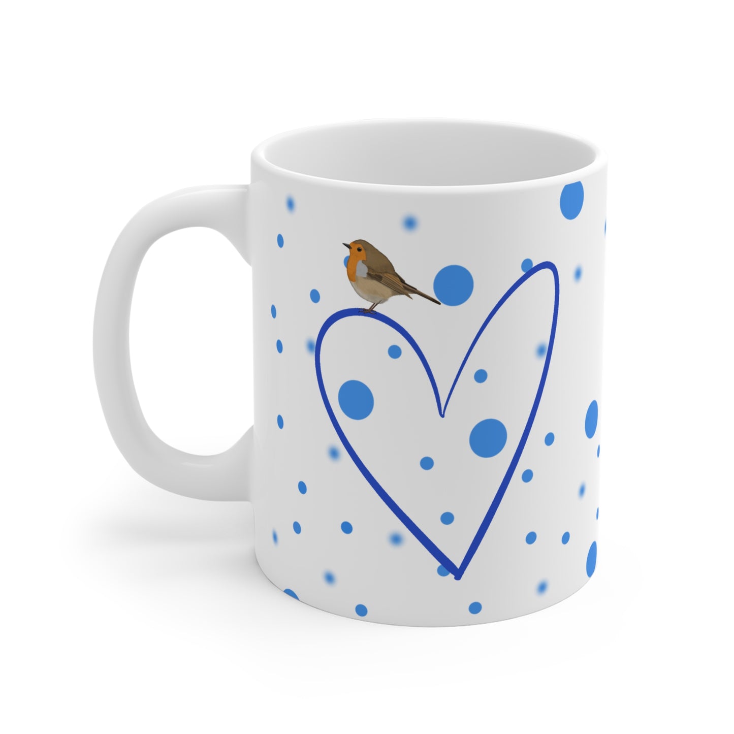Rotkehlchen mit Herz Valentinstag Vogel Tasse Punkte Blau