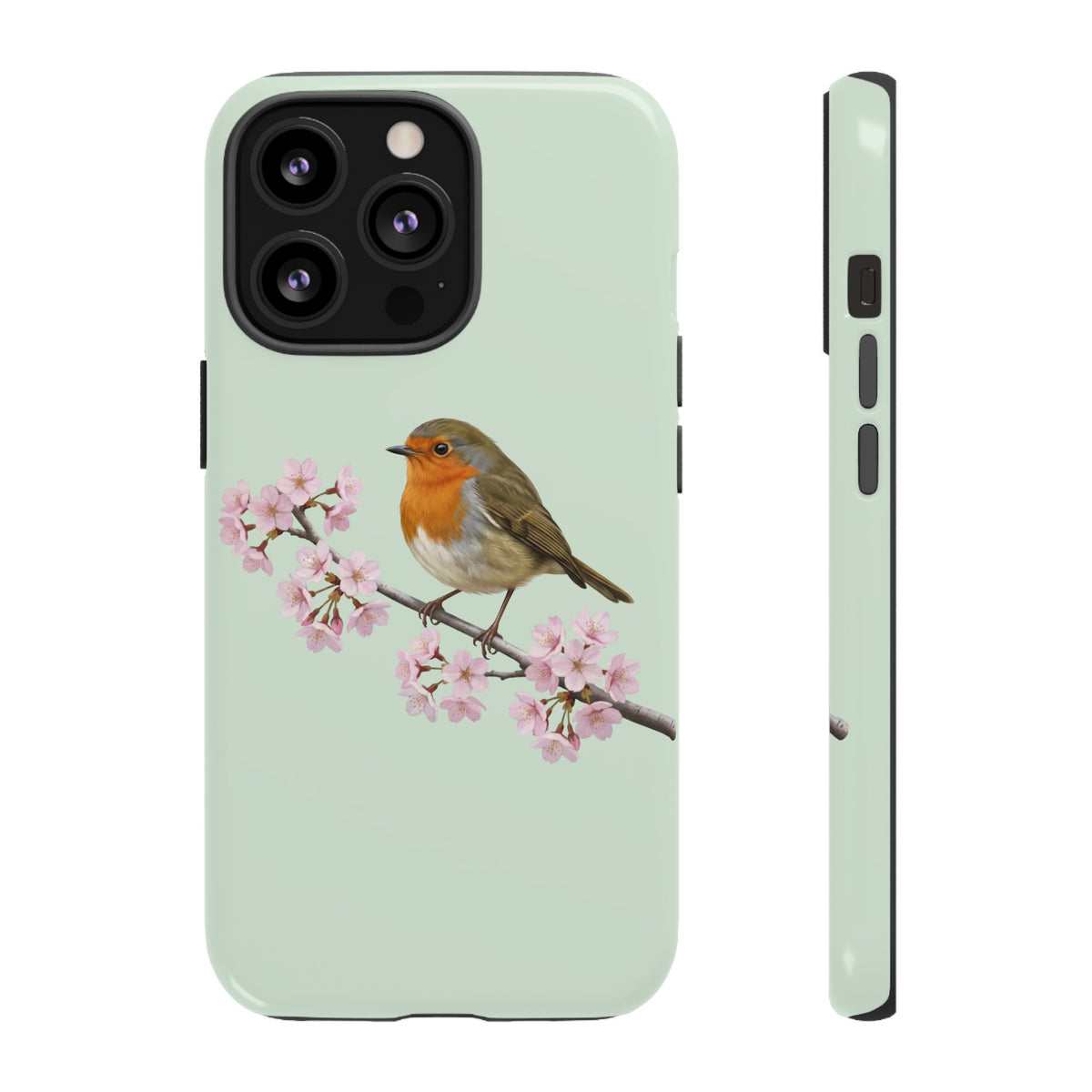 Rotkehlchen Handyhülle in Salbeigrün | Florales Kirschblüten Vogel-Motiv für iPhone & Google Pixel