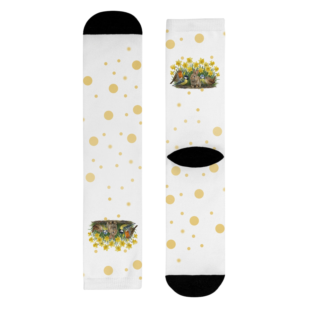 Rotkehlchen, Zaunkönig und Meise Socken – Vogel-Socken mit Osterglocken – Kaninchen, Meisen &