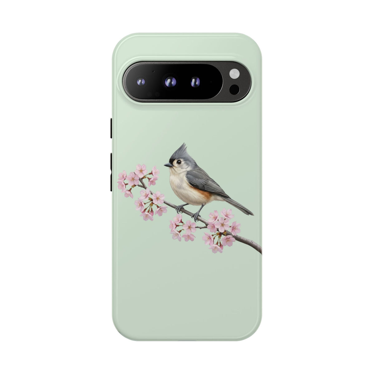 Grauhäubchenmeise Handyhülle in Salbeigrün | Florales Kirschblüten Vogel-Motiv für iPhone & Google Pixel