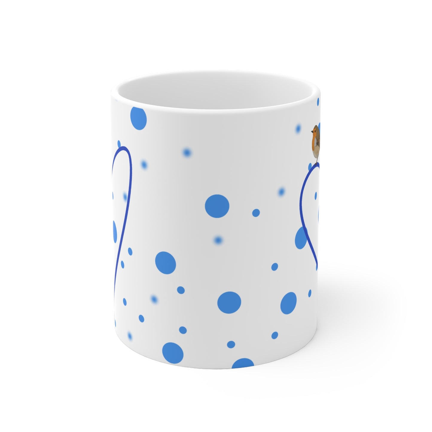 Rotkehlchen mit Herz Valentinstag Vogel Tasse Punkte Blau