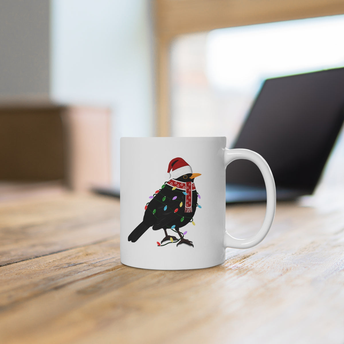 Amsel Tasse Vogel als Weihnachtsmann mit Lichterkette Weiß für Vogelfreunde – 11 oz,