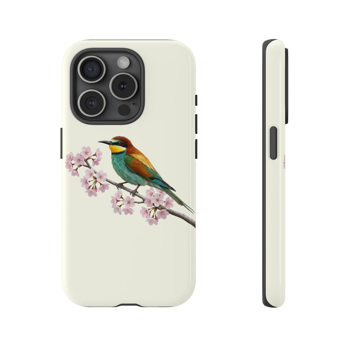 Bienenfresser Handyhülle in Cremeweiß | Florales Kirschblüten Vogel-Motiv für iPhone & Google Pixel