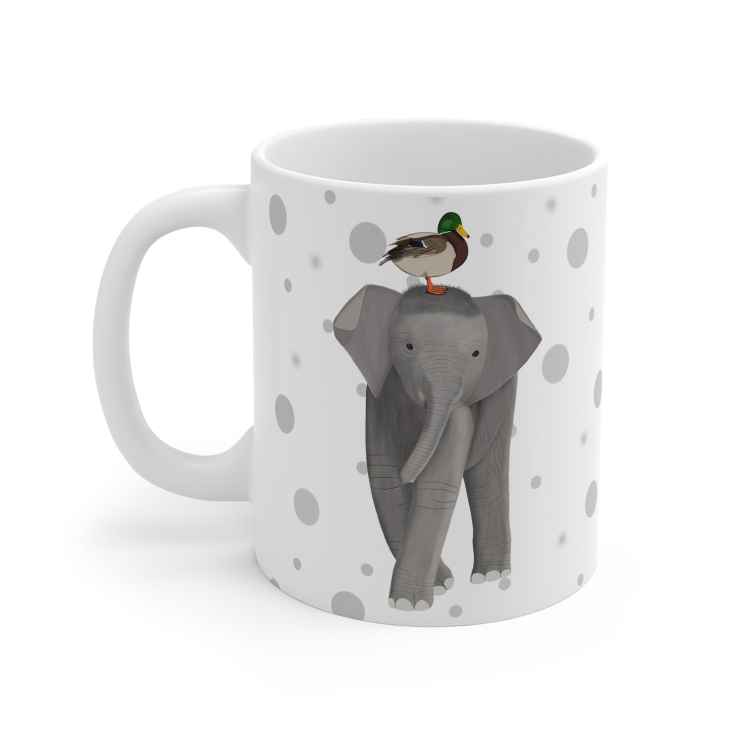 Ente auf einem Elefanten Vogel Tasse Punkte Grau