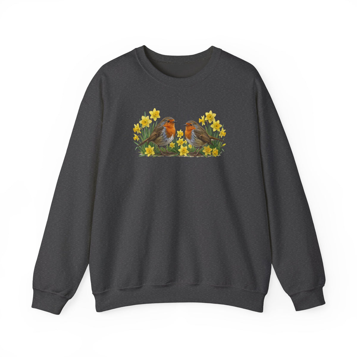 Rotkehlchen Oster-Sweatshirt Frühlingswiese – Singvögel in Osterglocken | Unisex Pullover – Animal Graphic Tee, Sweatshirt Vogelmotiv