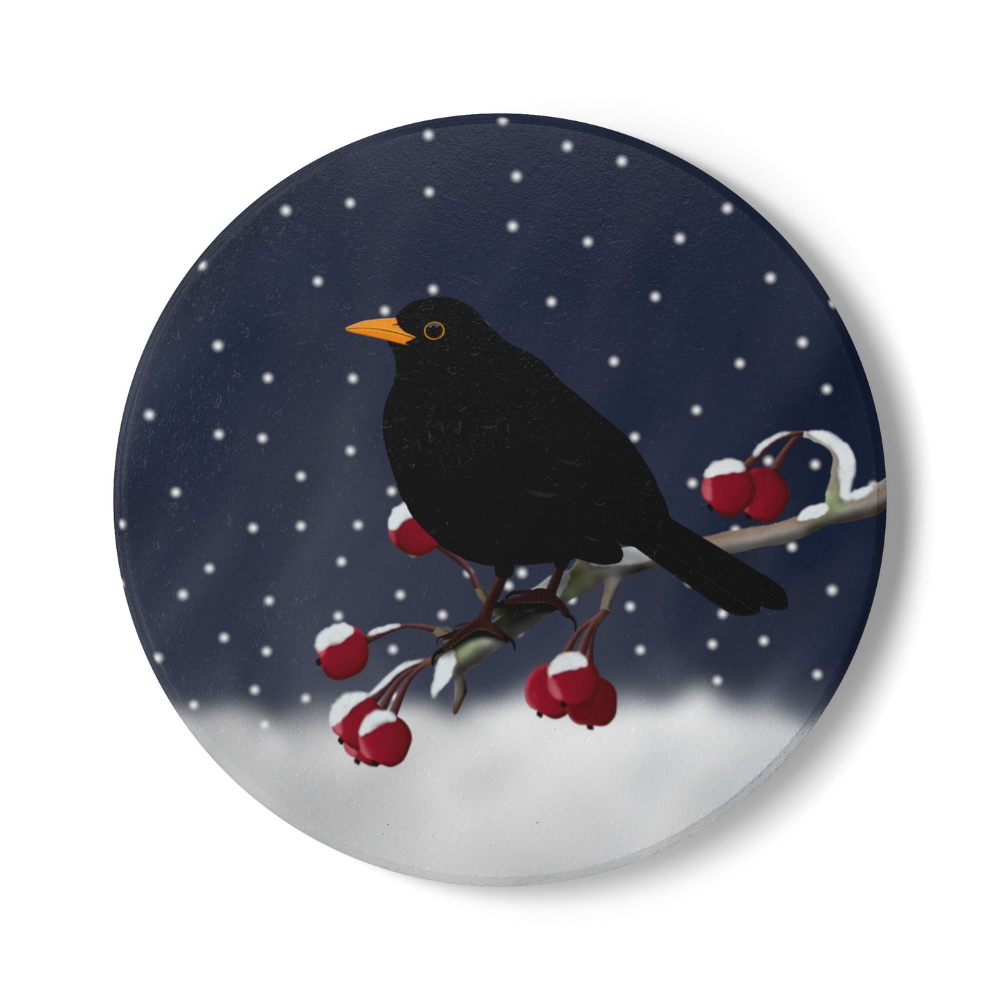 Amsel im Schnee Keramik-Untersetzer: Weihnachtliches Vogel-Motiv