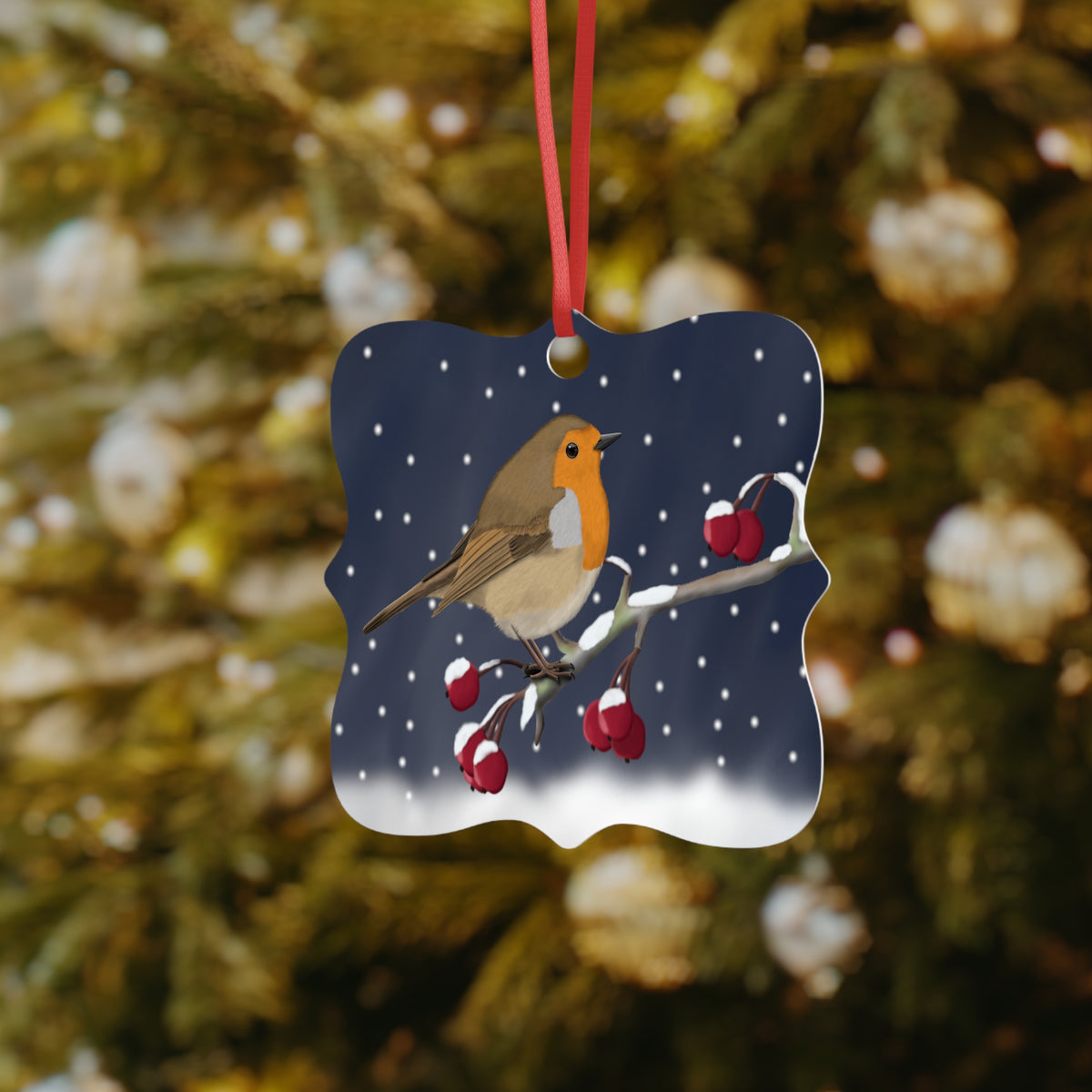 Rotkehlchen auf einem Ast Ornament aus Aluminium – Einzigartiger Christbaumschmuck mit Rotem Band