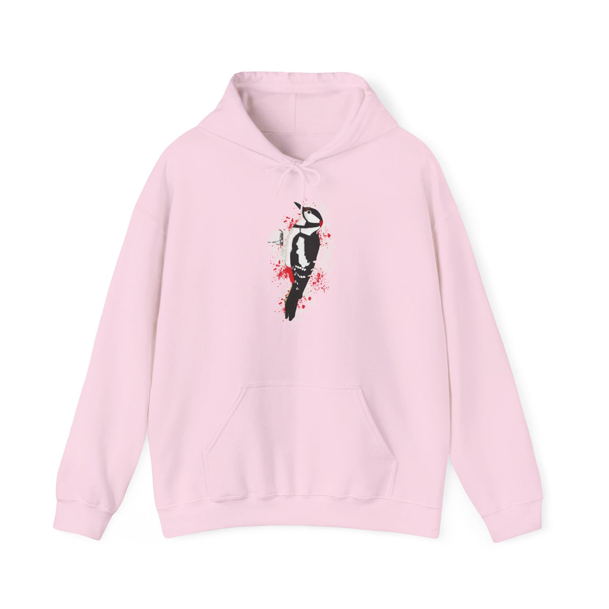 Buntspecht Hoodie – Motiv-Kapuzenpullover im Art-Design mit Sprenkel-Hintergrund