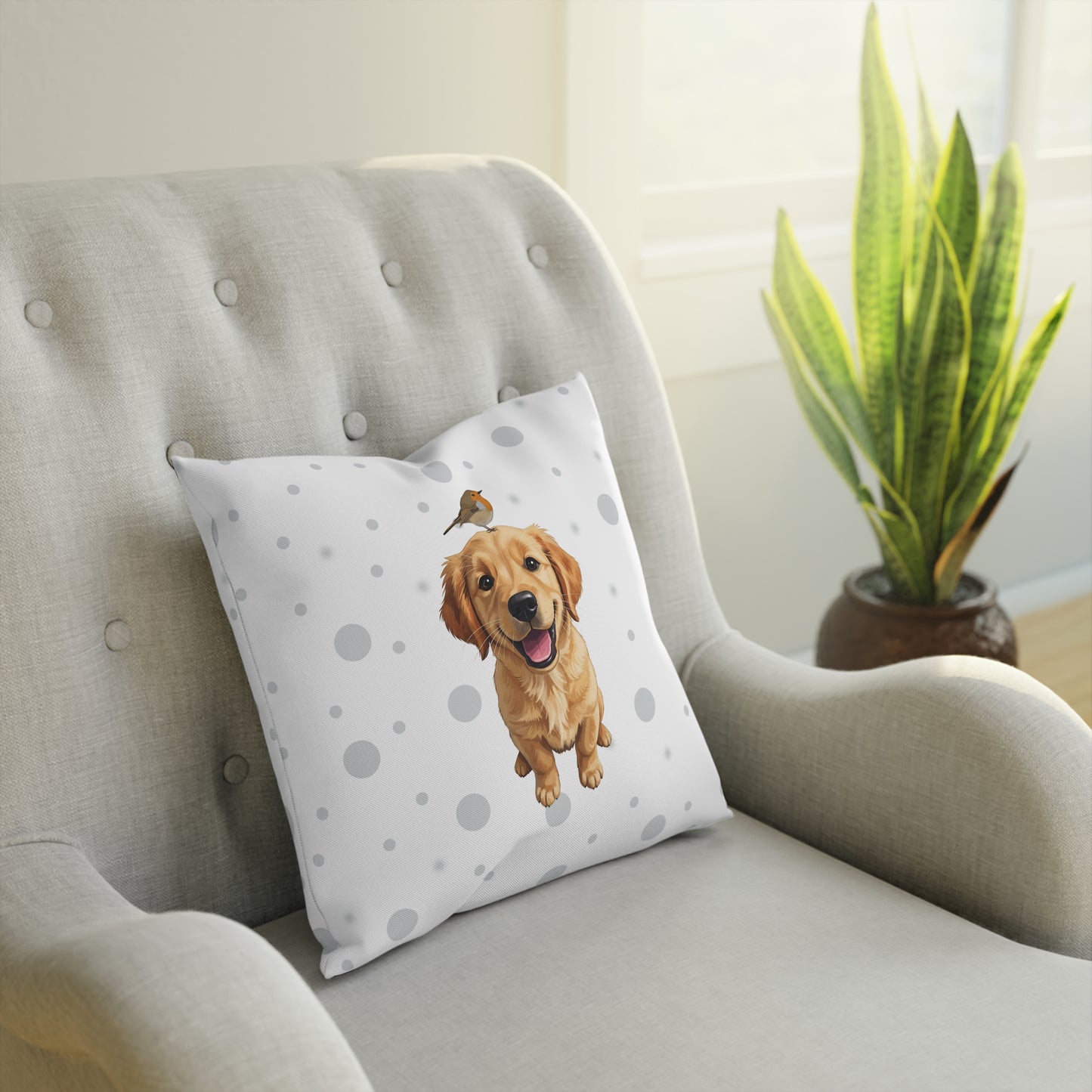 Rotkehlchen mit Golden Retriever Vogel Tiermotiv Kissen – Dekokissen mit Vogelmotiv Weiß mit grauen Punkten