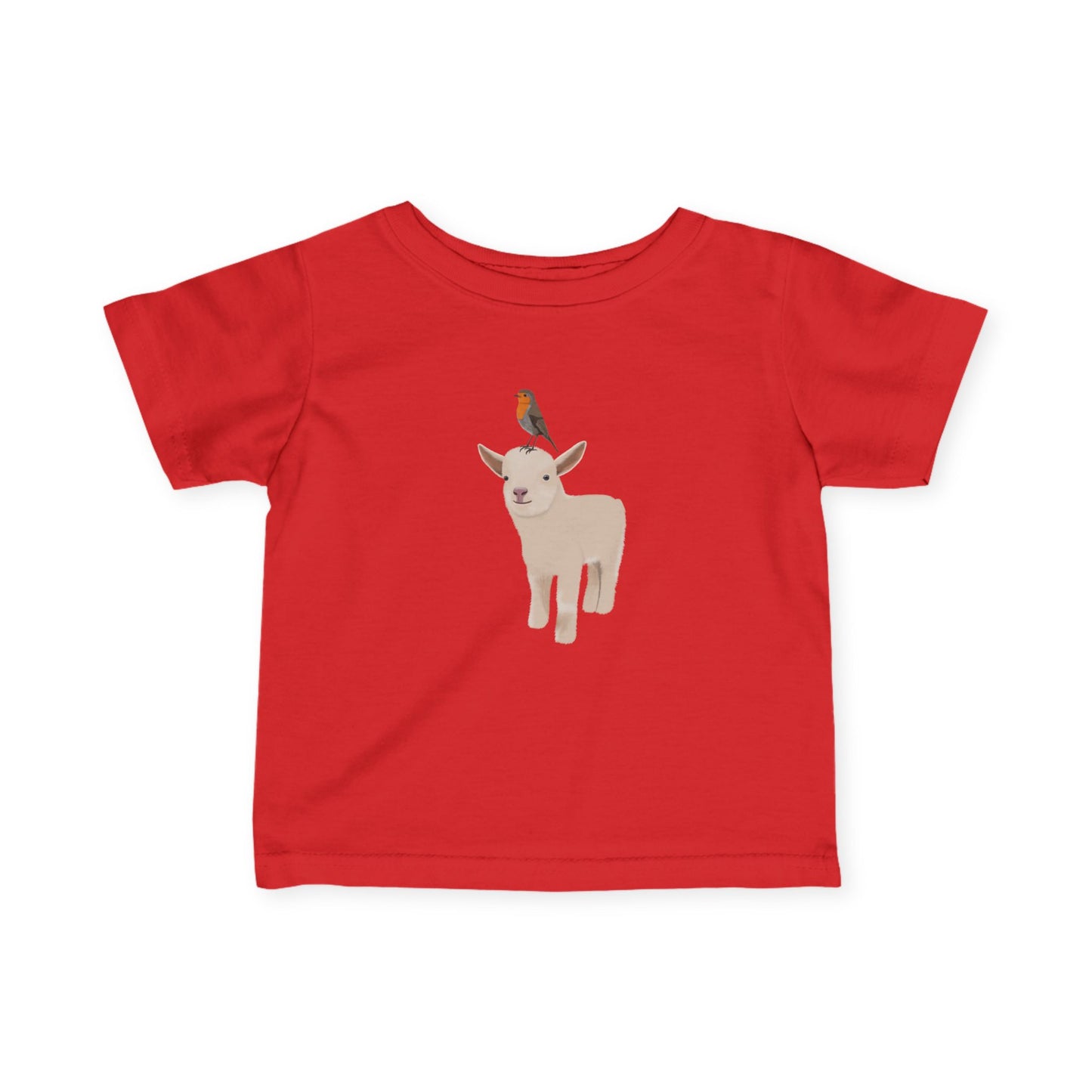 Süßes Lamm mit Rotkehlchen Vogel Tiermotiv T-Shirt für Babys und Kleinkinder
