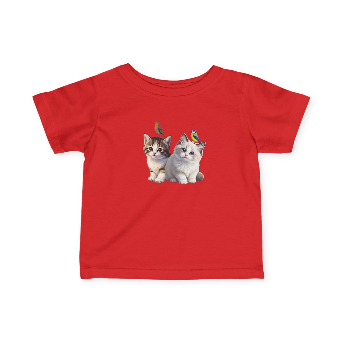 Süßes Kätzchen Tiermotiv Baby T-Shirt mit Rotkehlchen und Blaumeise